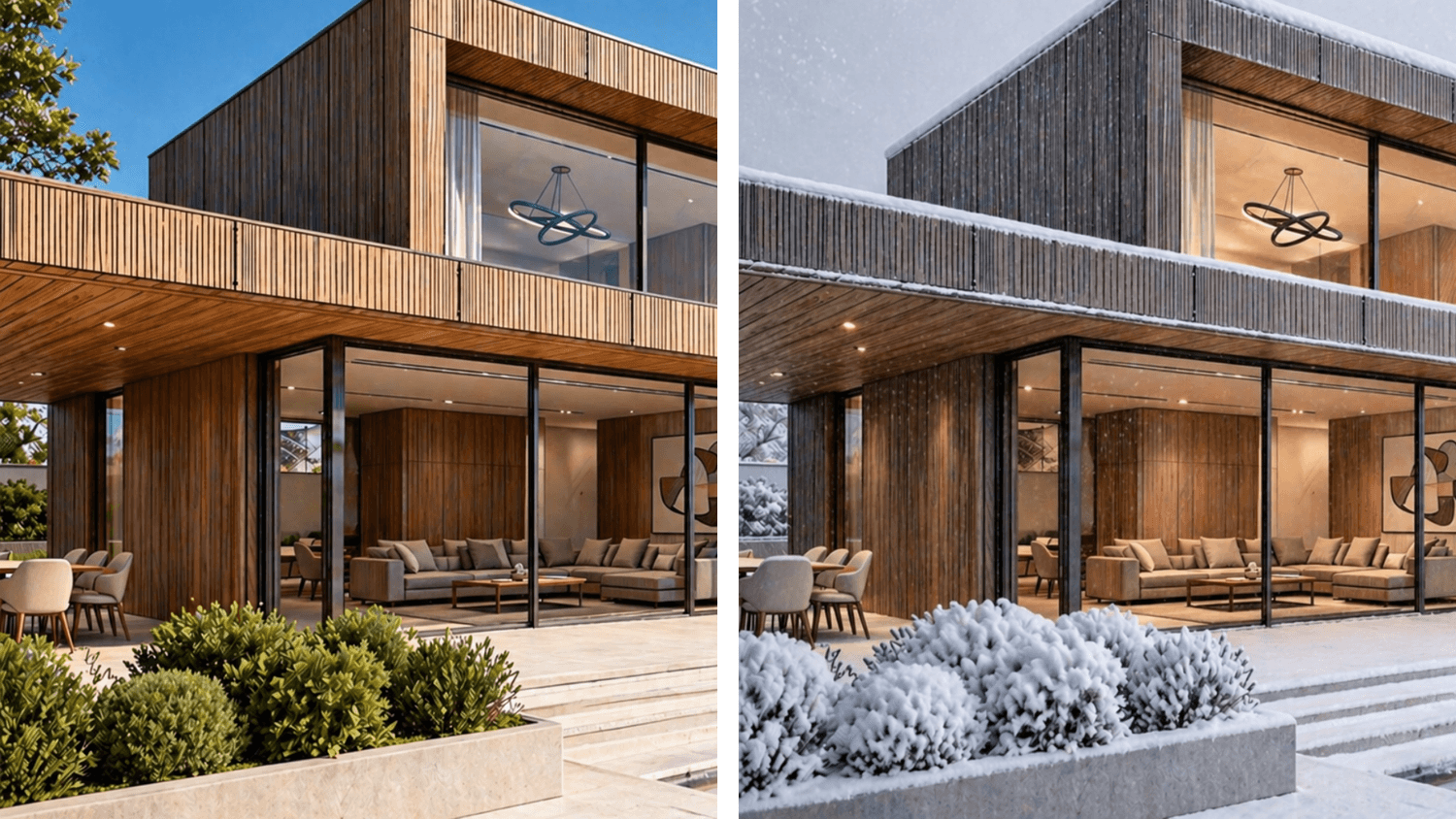 Changing the season: modern house during summer and winter