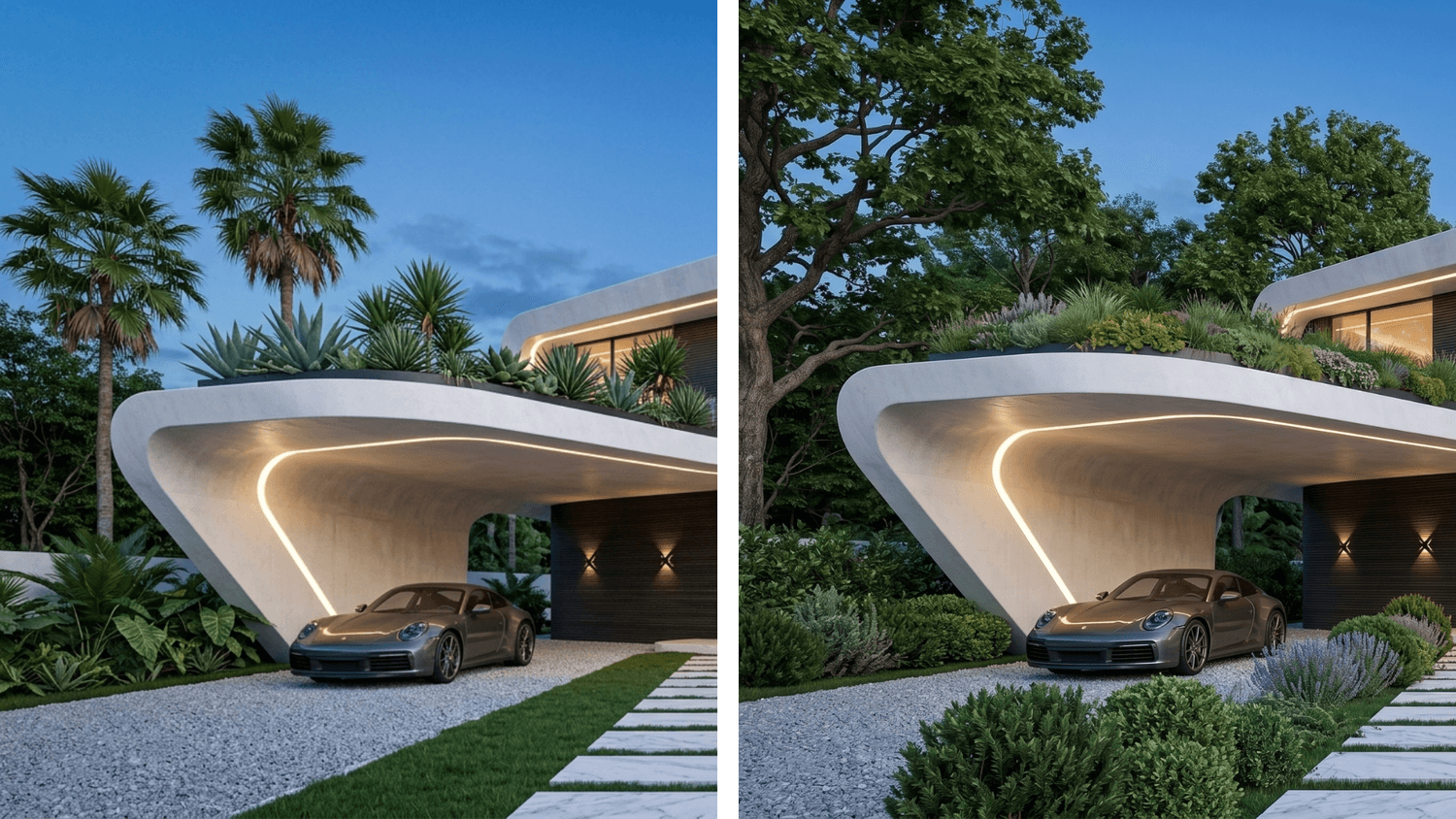 Adjusting the mood, trees, and flowers in an image of a luxury house.