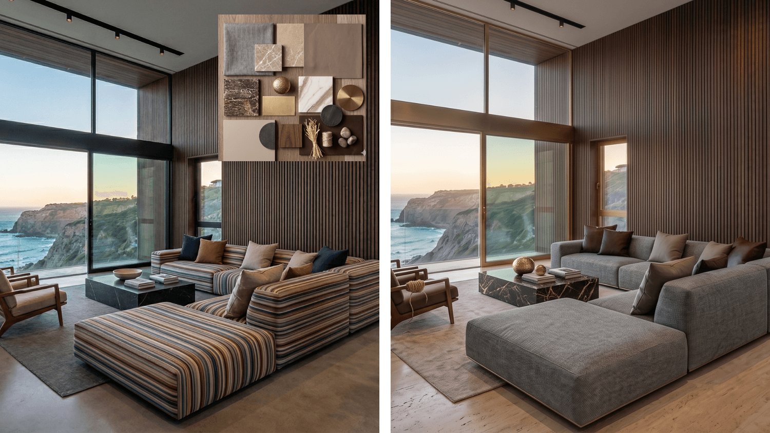 Changing colors and materials of the phot of living room. Before and after.