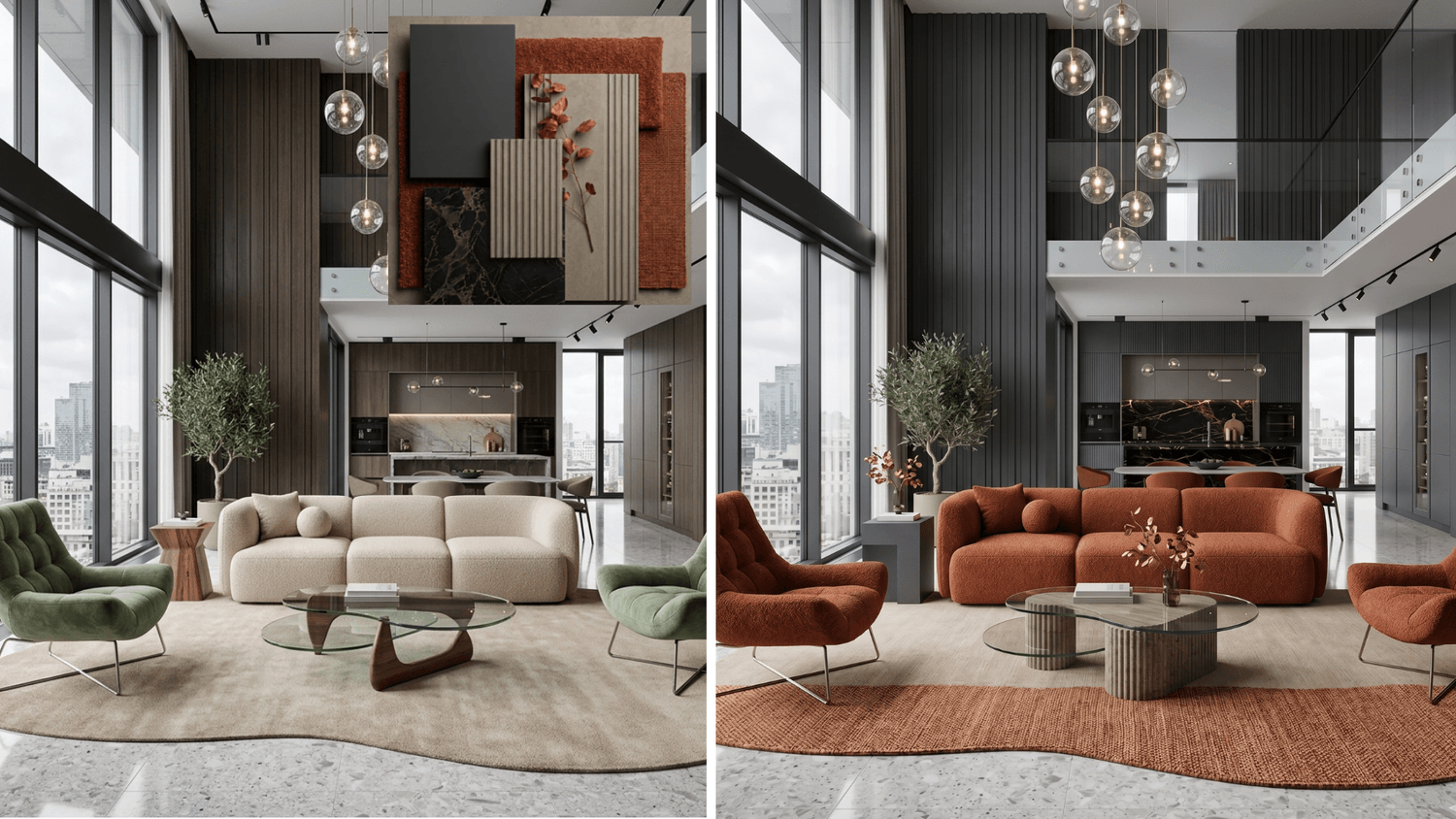 Changing colors and materials of the living room. Before and after.