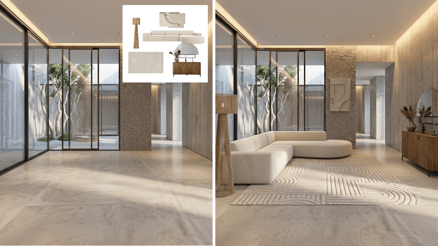 Furnish the empty living room using AI, based on the provided furniture reference images.