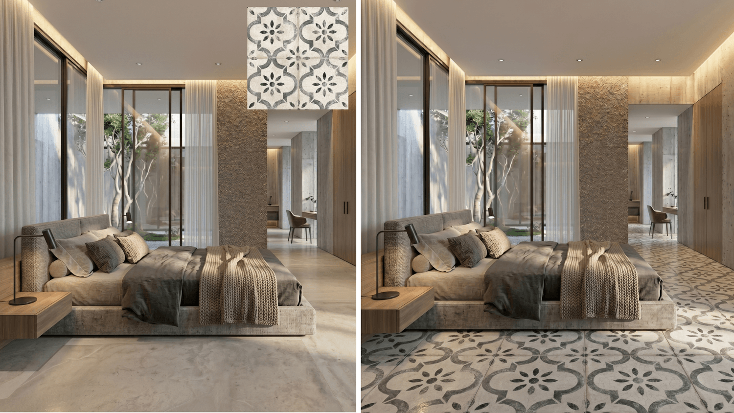 Replacing with AI the existing flooring with tiles based on the reference image