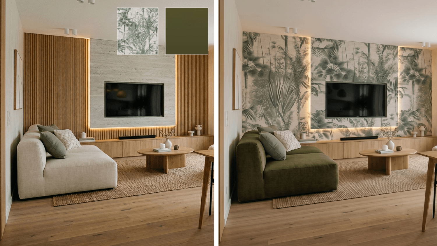 Change the sofa material color and update the wall wallpaper based on the provided references