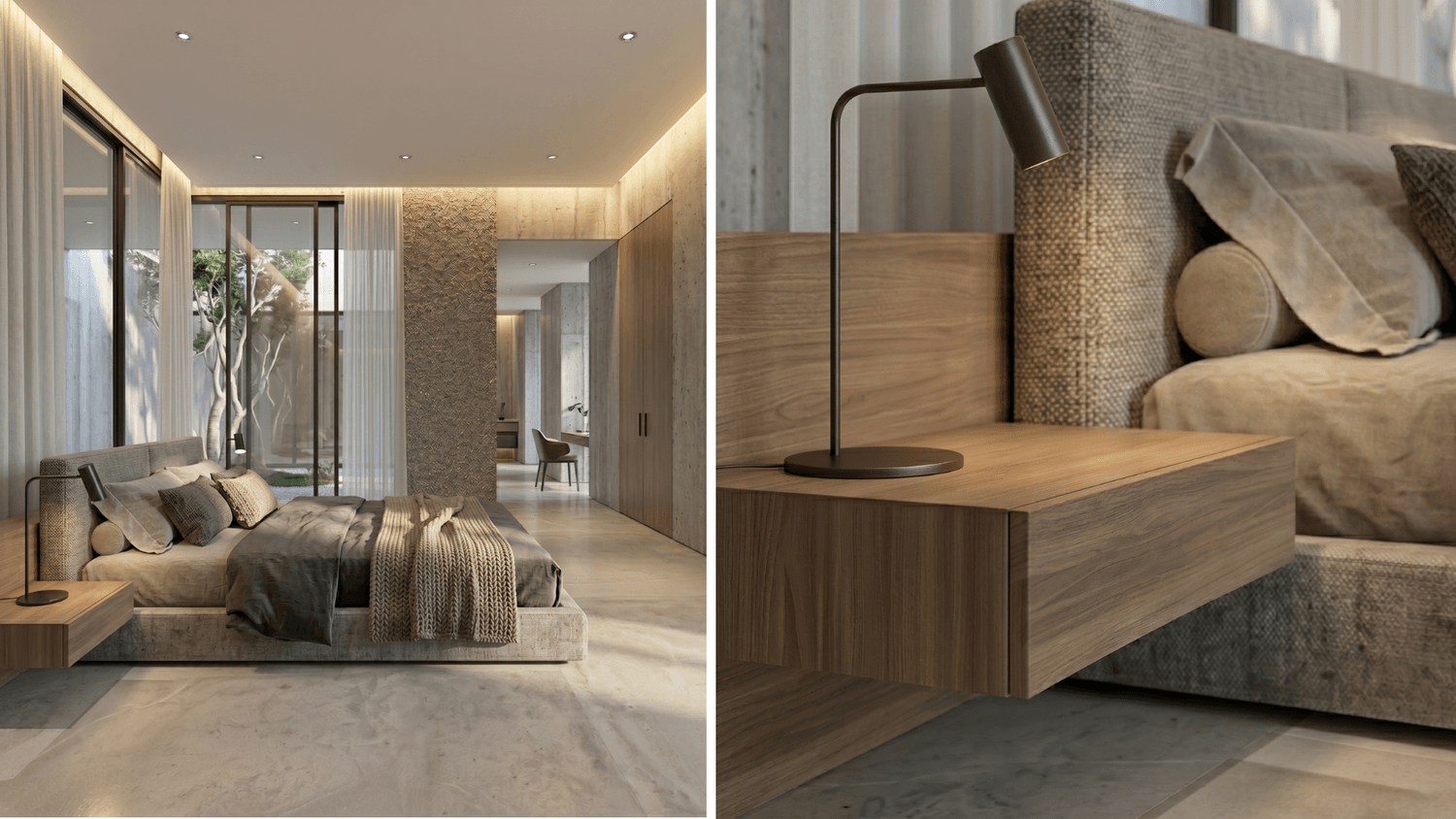Close up view of a night stand, lamp and bed, made with AI
