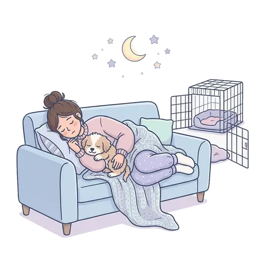 Illustration: a tired young woman asleep on the sofa with her puppy on her chest