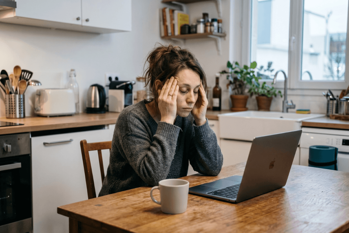 Femme fatiguée et débordée par sa charge mentale au quotidien
