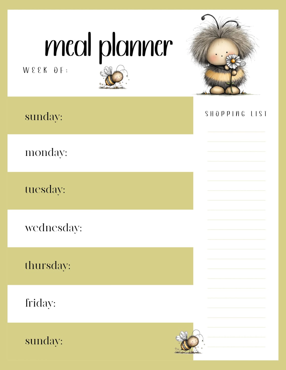 Baby Bumble Bee Meal Planner