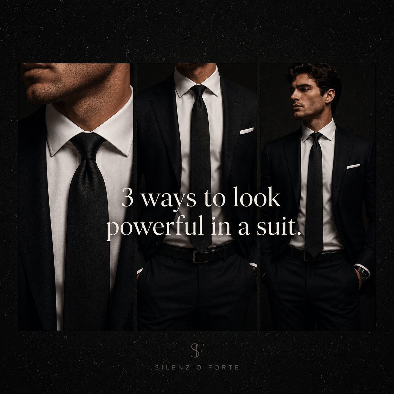 Three views of a man in a suit wearing a tie correctly