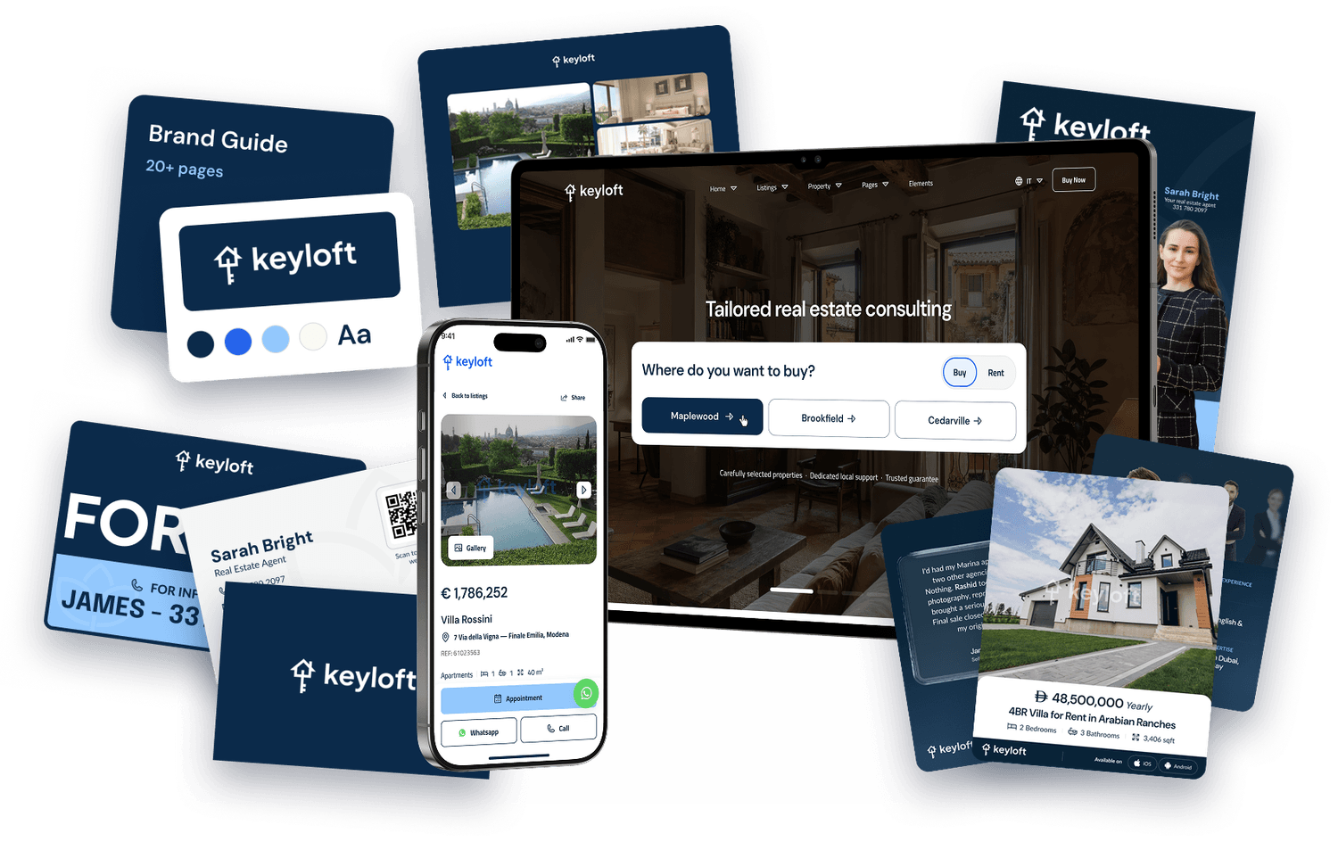 Professional package deliverables: full brand system, print materials, website and social media designs