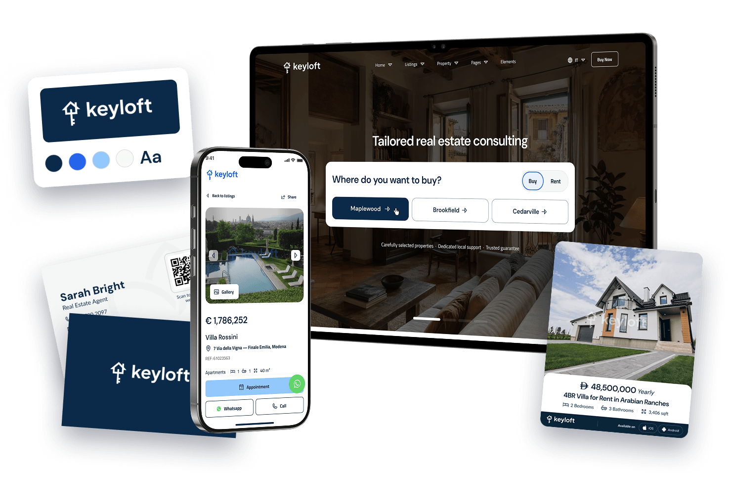 Launch package deliverables: brand kit card, business cards, the website on a tablet and phone, and a property flyer