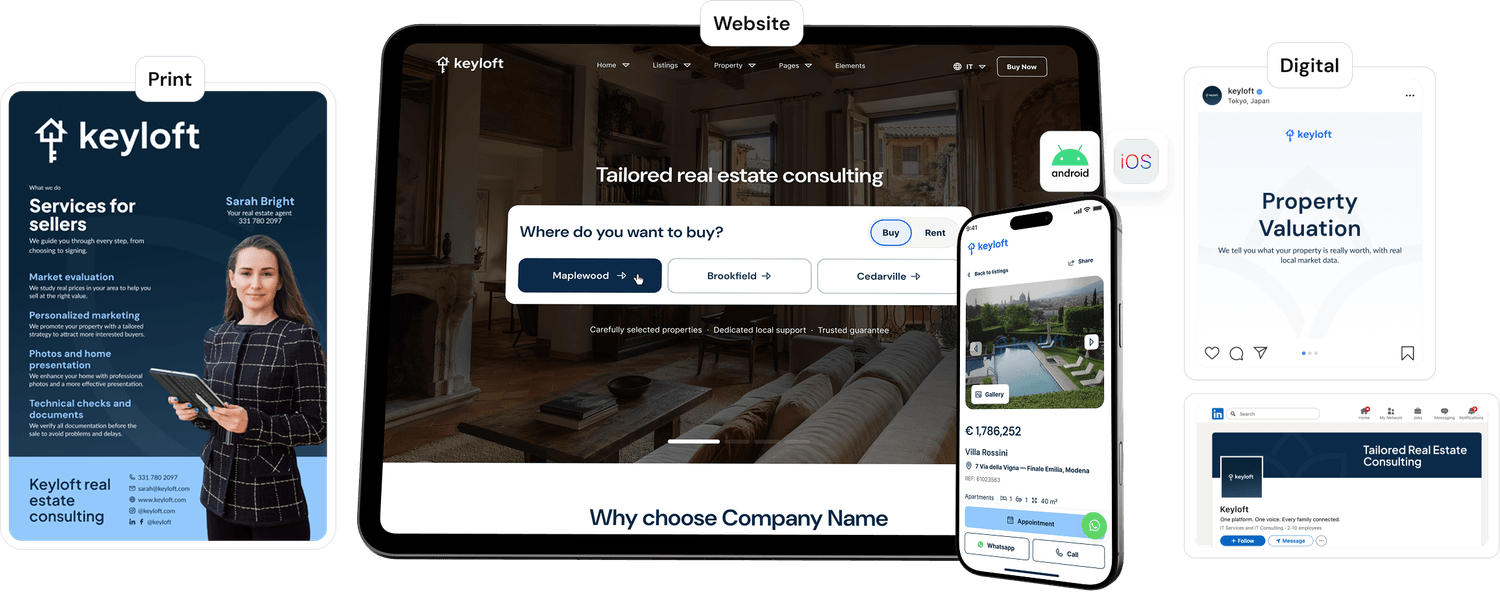 Keyloft deliverables: a printed seller brochure, the agency website on a tablet and phone, and branded social media posts