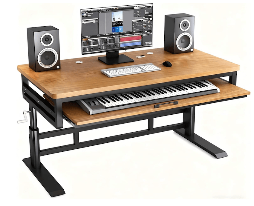 Music studio desk workstation with keyboard tray