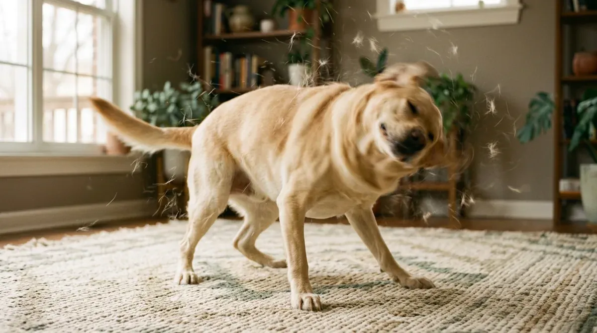 Perro sacudiéndose de cuerpo entero estando seco, señal de tensión