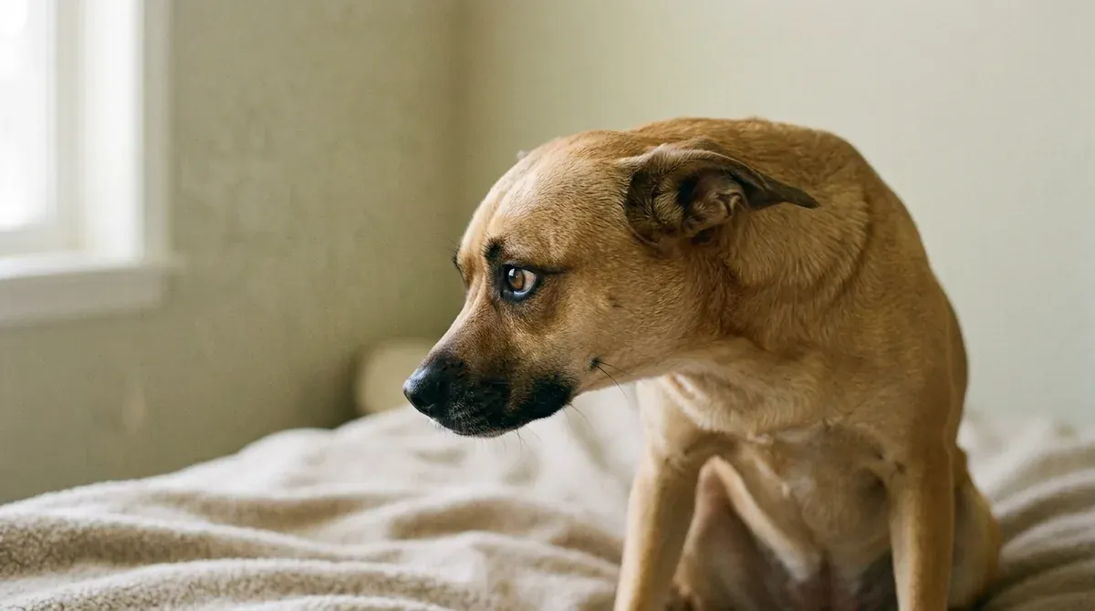 Perro con las orejas pegadas al cráneo y la mirada apartada, señal de tensión