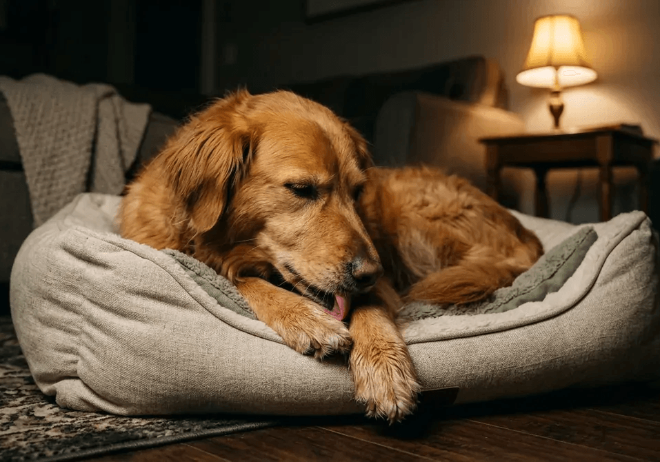 Perro tumbado en su cama lamiéndose la pata delantera por la noche