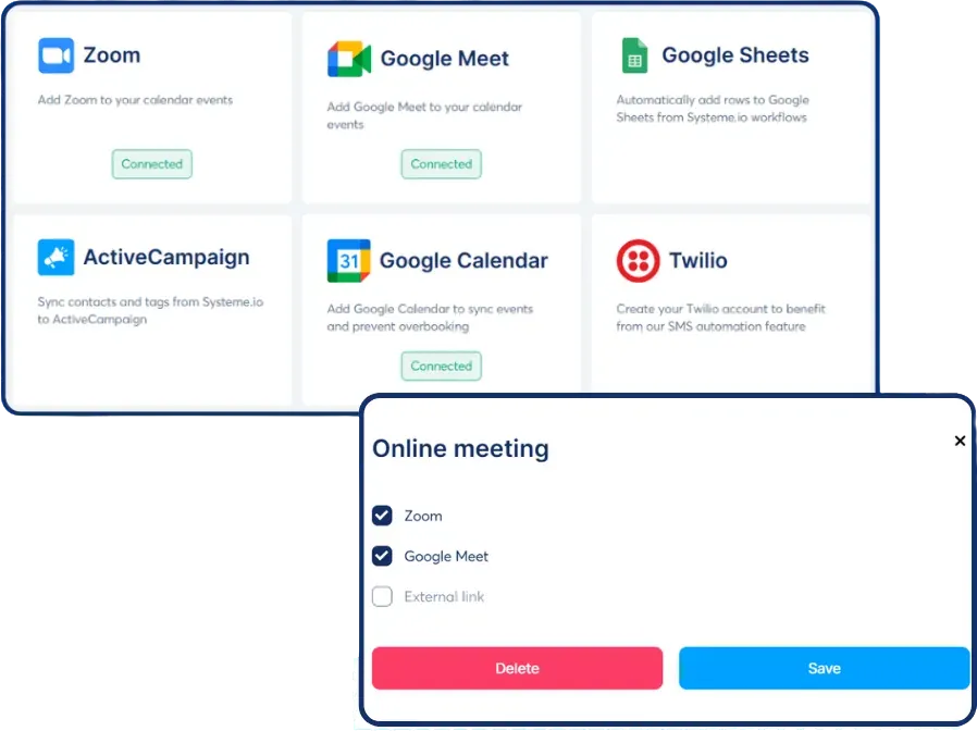 The SCALR integrations screen listing payment gateways, webhooks, Zapier and the public API.