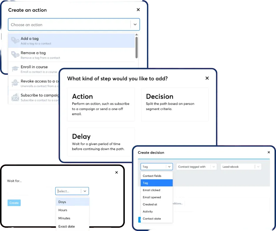 Building a SCALR automation: choosing between action, decision and delay steps with tag-based conditions.