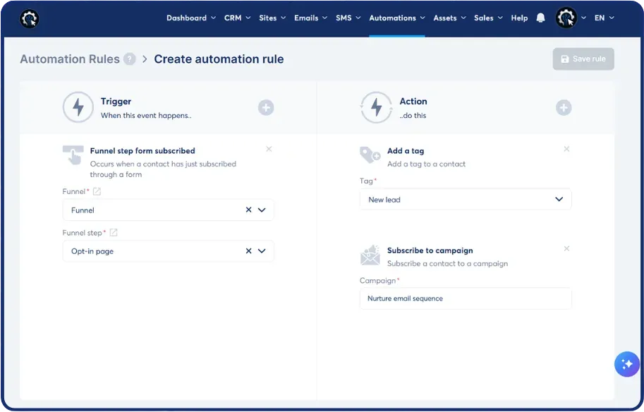 The SCALR automation rules list, each row pairing a trigger with the action it fires.