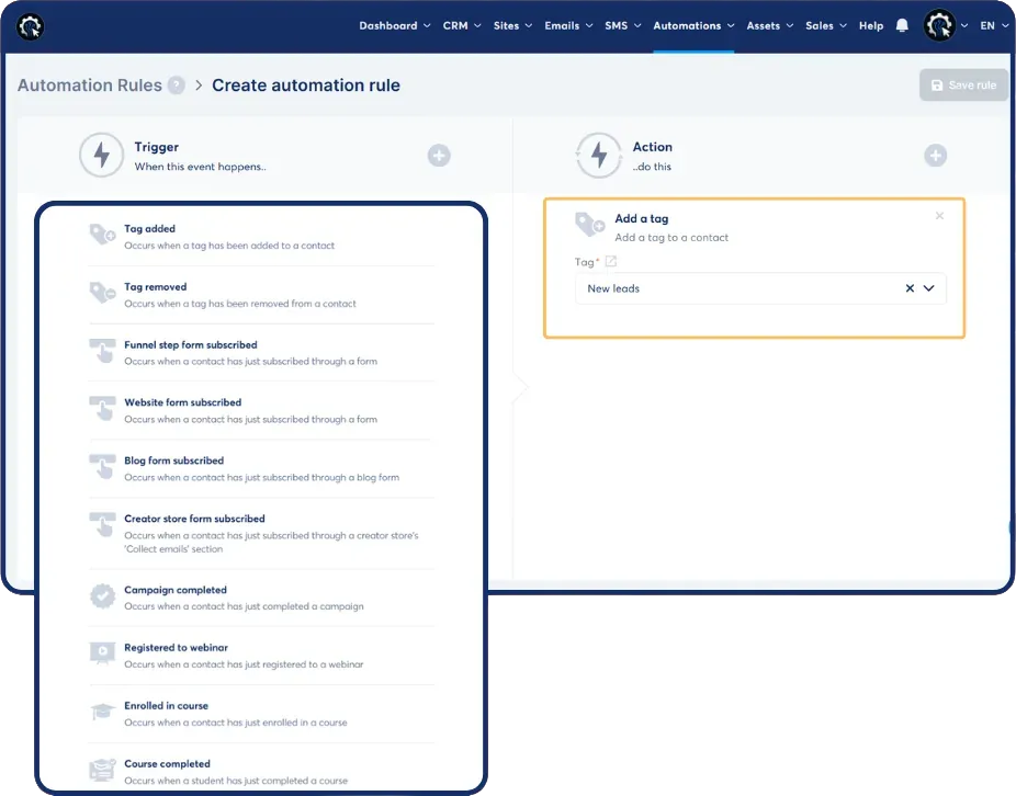 Segmentation rules in SCALR filtering contacts by tag, purchase and signup date.
