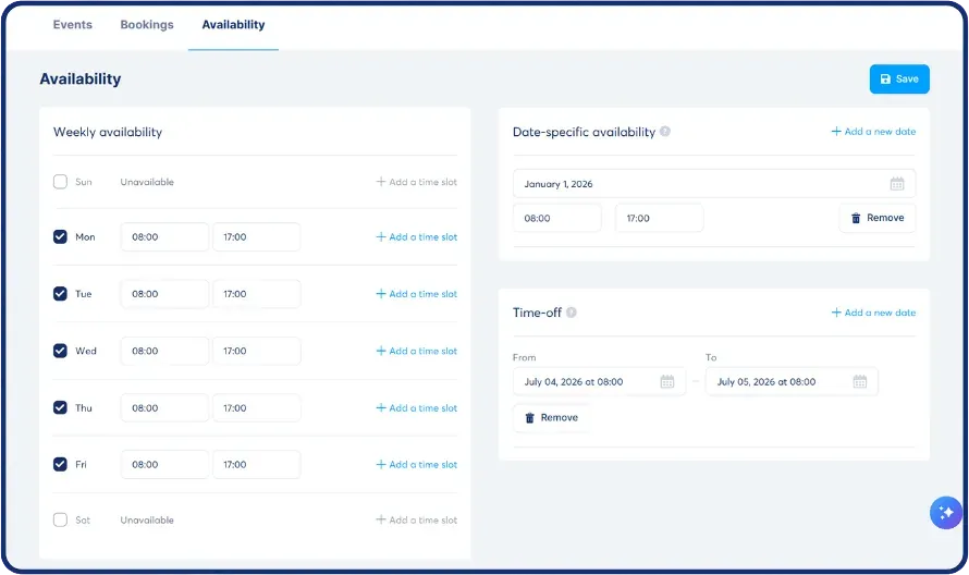 Availability settings in SCALR with working hours and buffer time between bookings.