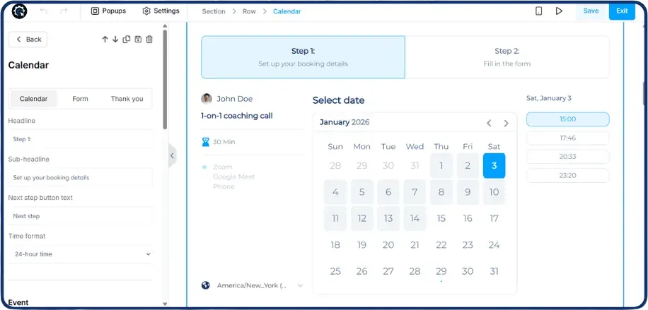 Customising a booking page with date and time slot selection.