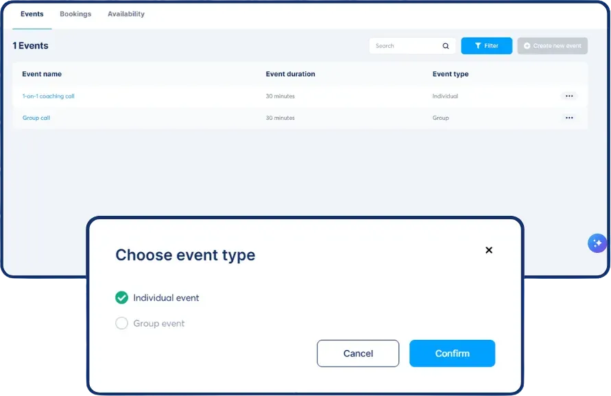 Event types in SCALR: a 15-minute intro call, a 60-minute consult and a paid session.