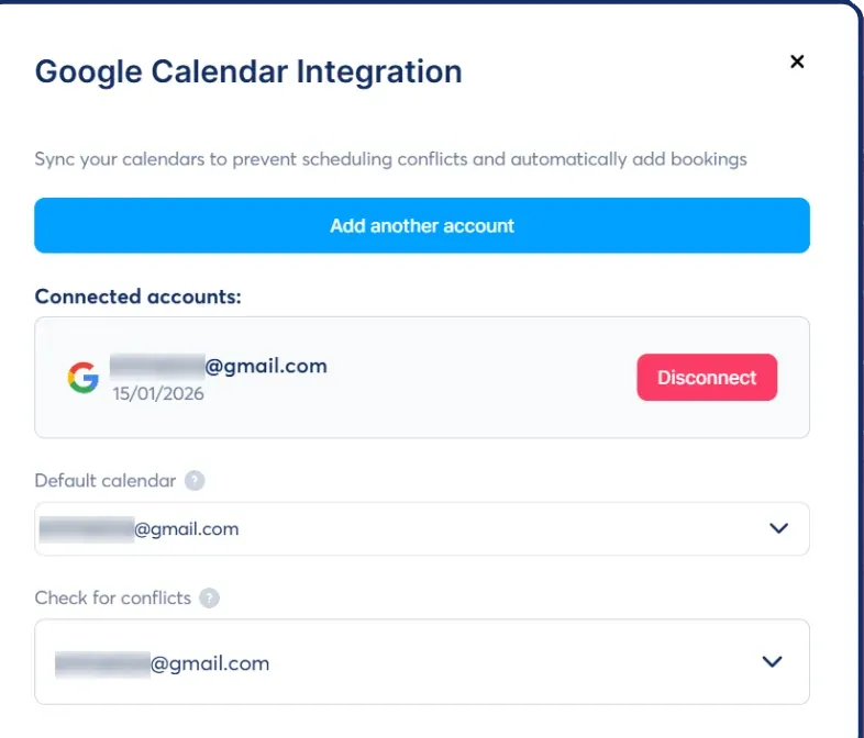 Calendar integration settings in SCALR syncing bookings with Google Calendar and Outlook.