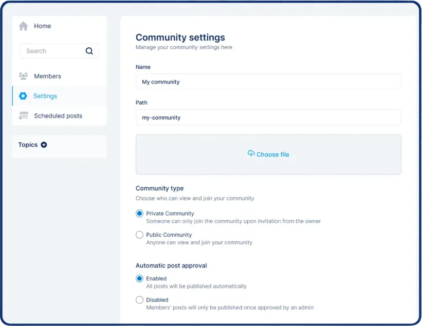 Community settings for a private members space with post approval controls.