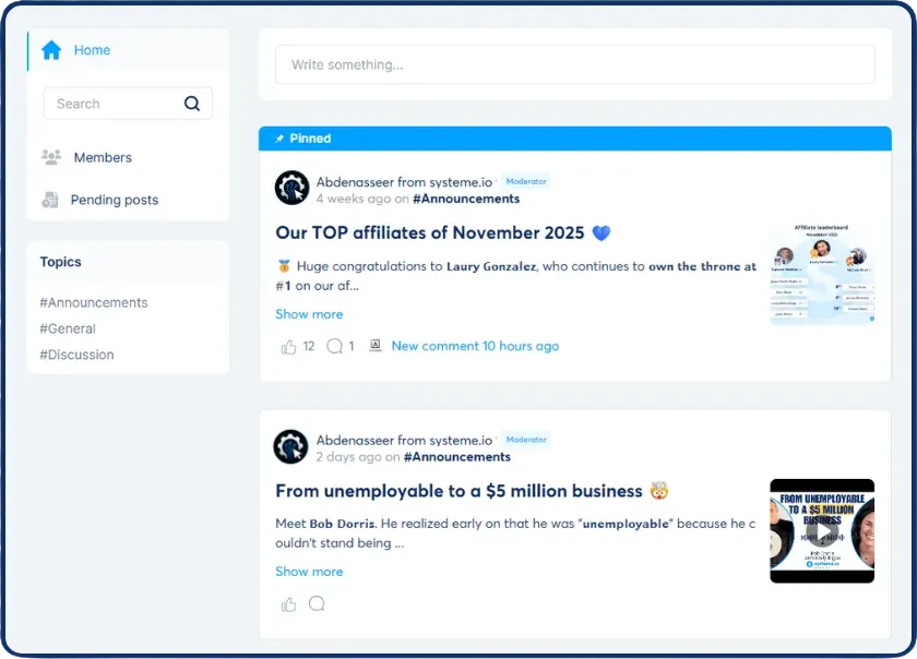 A community feed with member posts, comments and reactions.