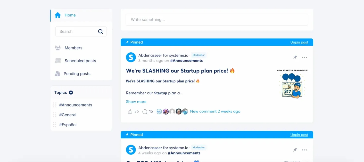 A SCALR community feed with member posts, comments and reactions.