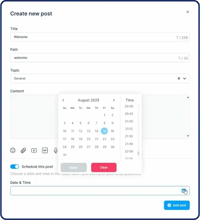 Scheduling a community post in SCALR for a future date and time.