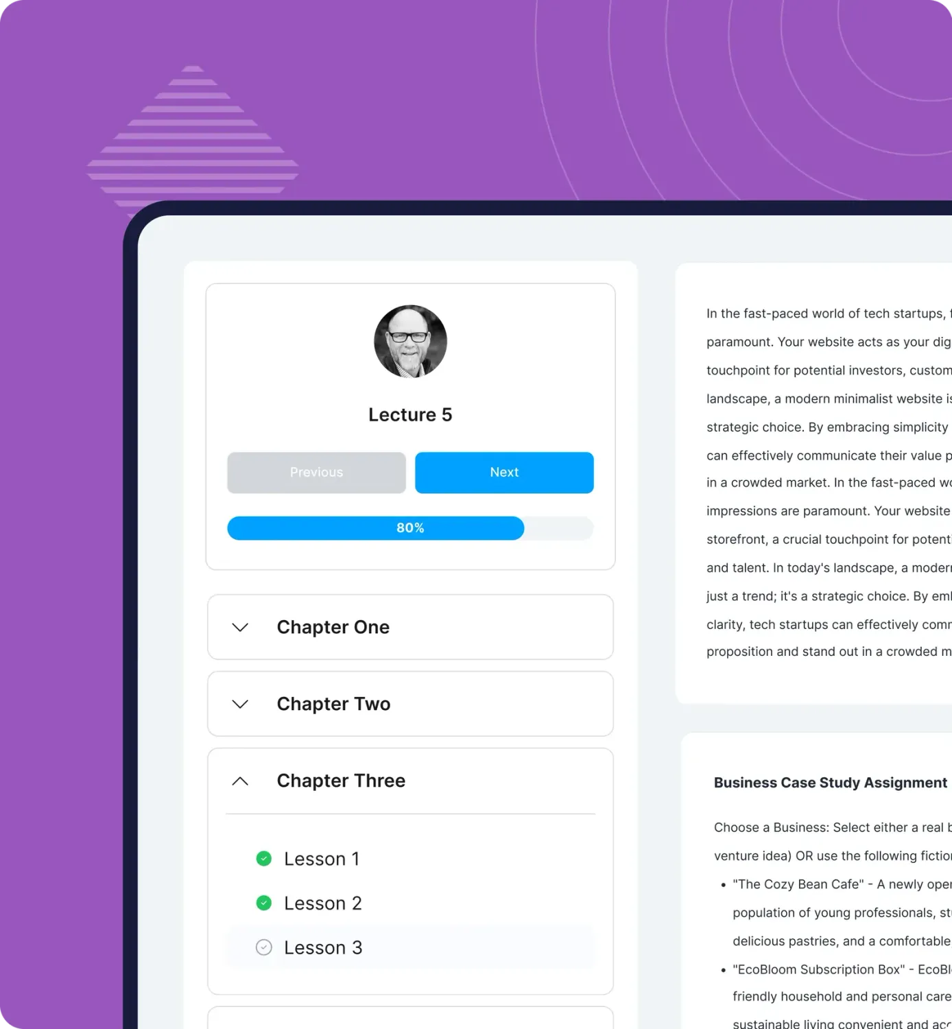 The SCALR course builder showing modules and lectures with video and text lessons inside each.