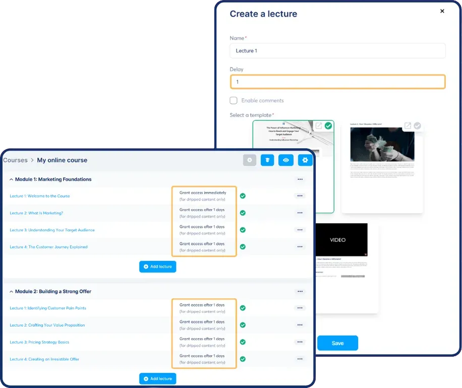 Drip settings in SCALR releasing each course module a set number of days after enrolment.