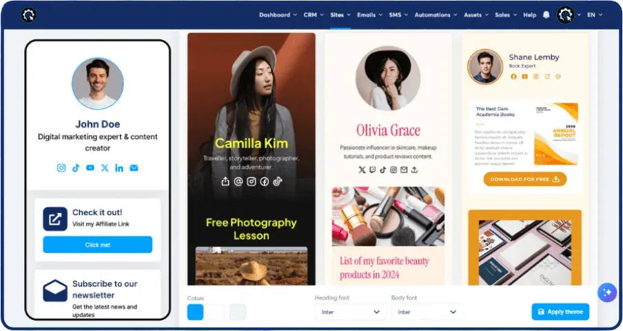 A SCALR creator storefront promoting an affiliate link alongside branded landing pages.