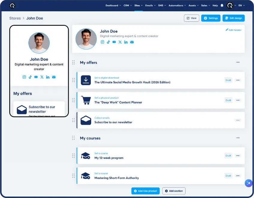A creator storefront listing digital downloads, products and courses.