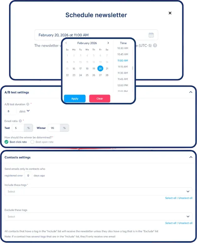 Scheduling a newsletter with A/B test settings and contact tag rules.