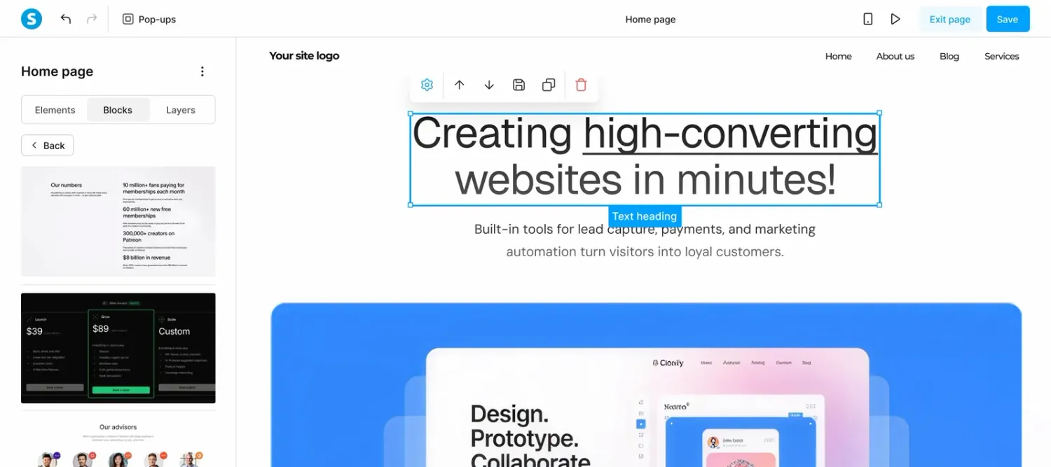 The SCALR page editor with the block library open, showing text, image, video and pricing blocks ready to drag onto the page.