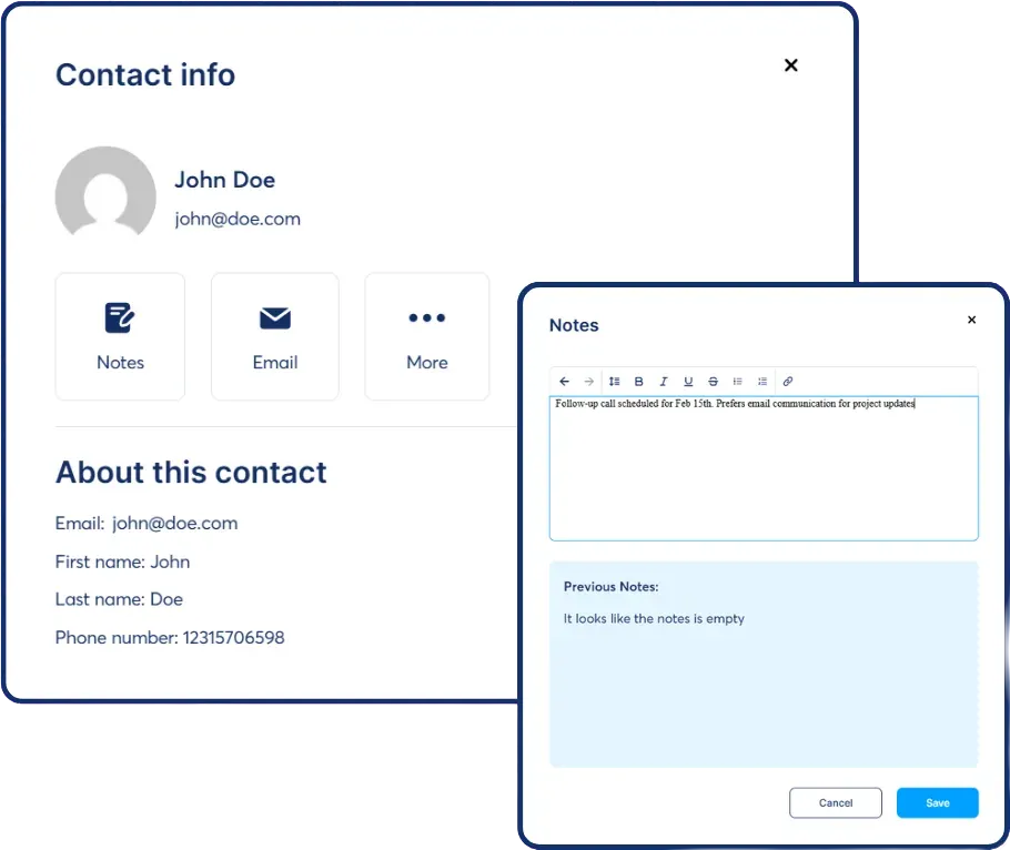 A deal card in SCALR with contact details, value, notes and next task.
