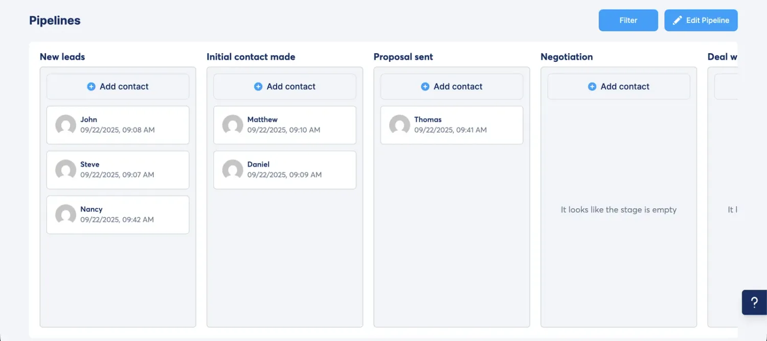 A SCALR sales pipeline with deal cards spread across lead, contacted, proposal and won stages.
