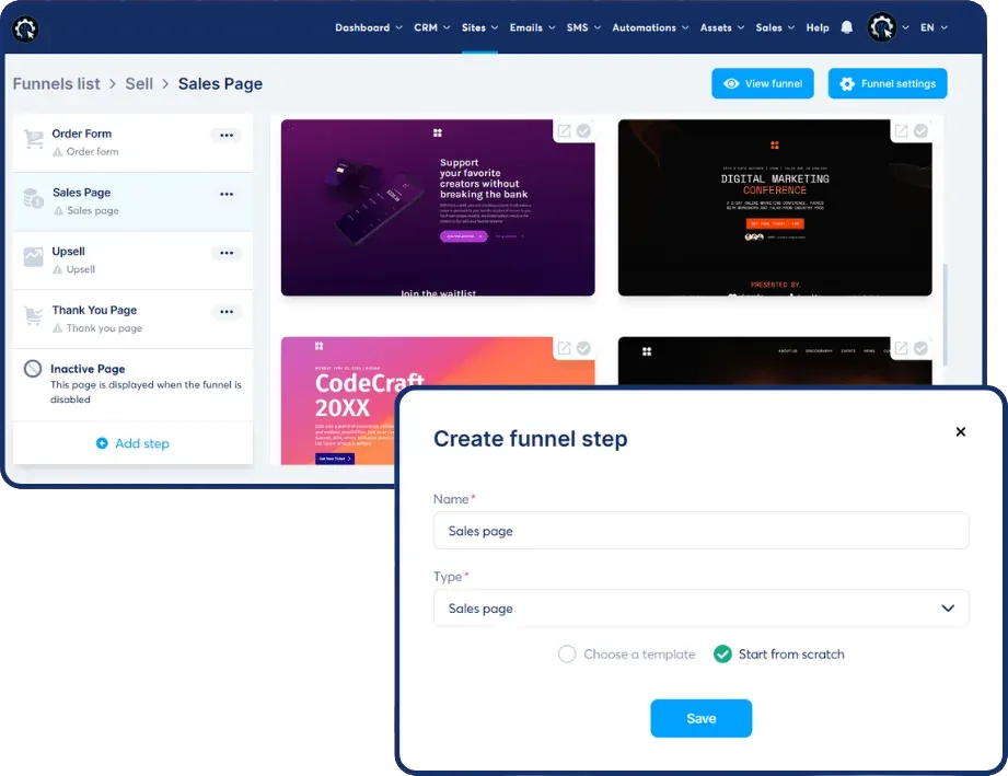 The SCALR funnel builder canvas with opt-in, sales, order and thank-you steps connected in sequence.