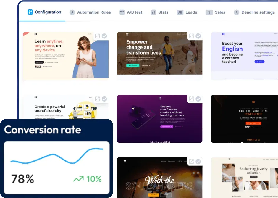 The SCALR funnel template library with A/B testing, stats and a live conversion-rate panel.