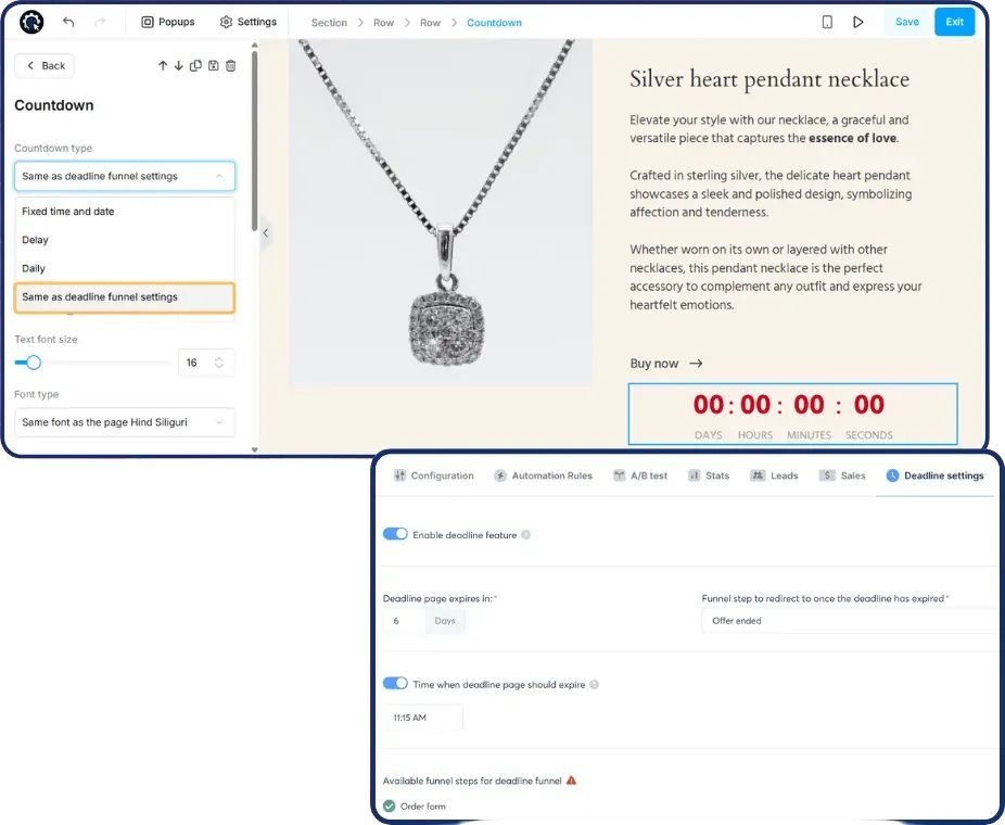 Building a deadline funnel with a countdown timer on a product page.