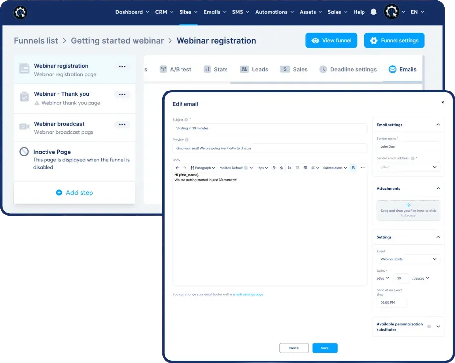 Editing a scheduled reminder email inside a webinar registration funnel.