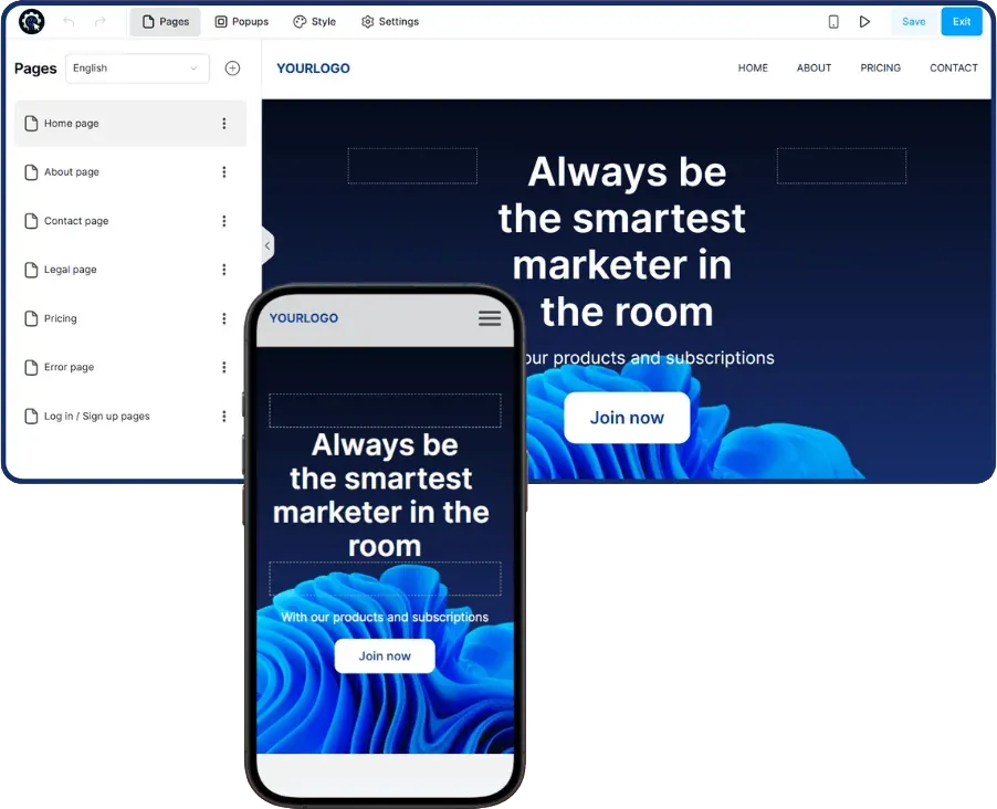The SCALR website editor showing a live page with desktop and mobile previews.
