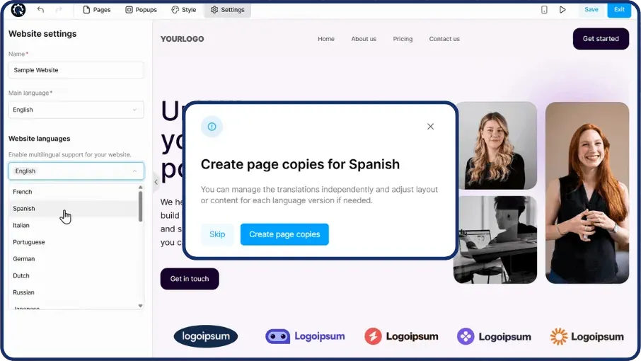 Language settings in SCALR with English and Afrikaans versions of the same site listed side by side.