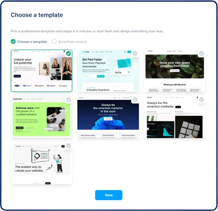 Choosing from professionally designed website templates.