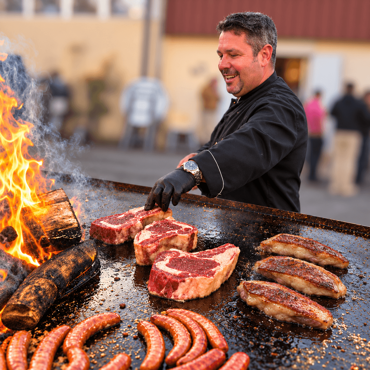Christian Manzano au brasero, avec viandes grillées et magrets