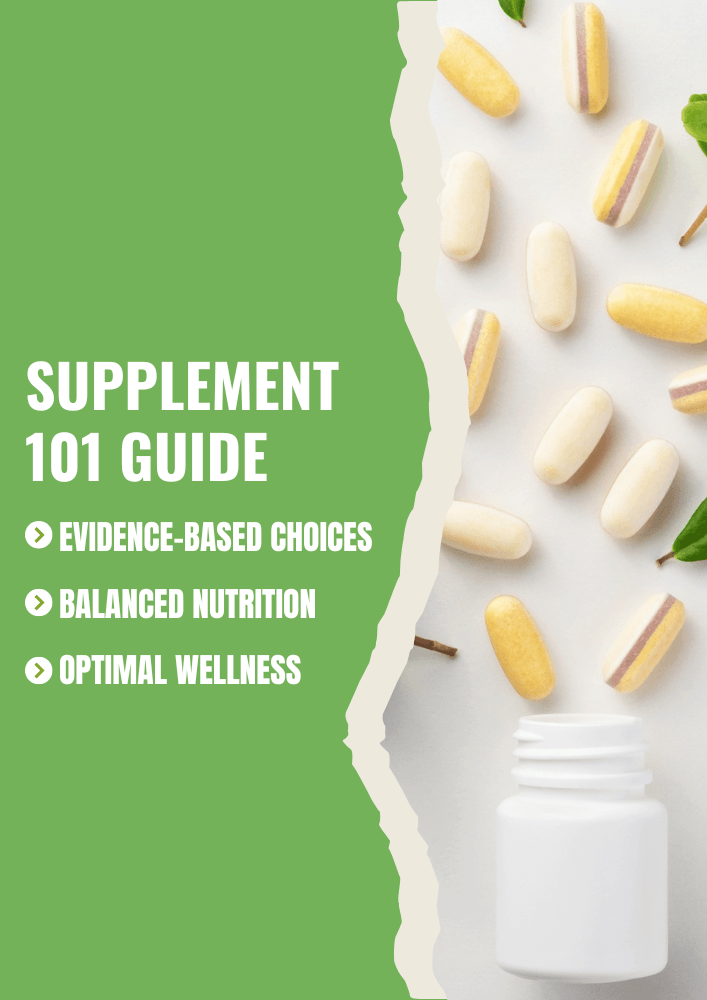 Supplements 101 guide cover with capsules and wellness theme