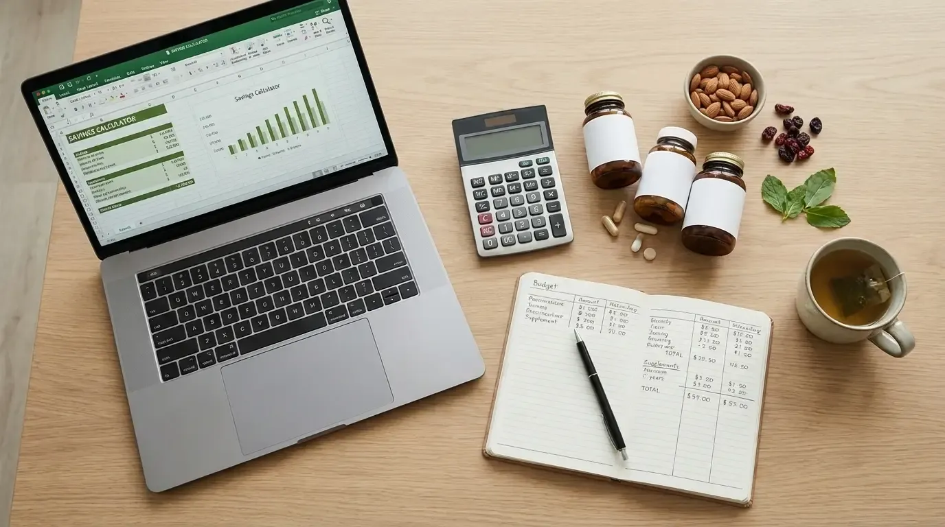 Supplement shopping and budgeting image for savings calculator blog