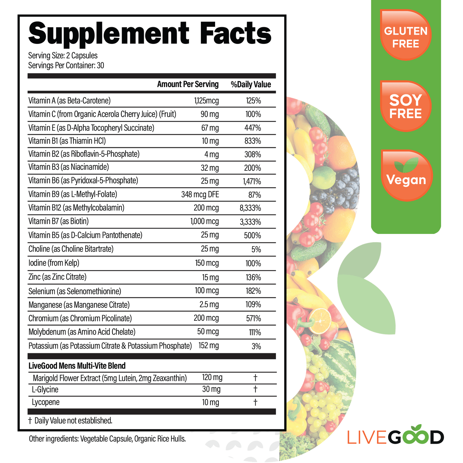 LiveGood Bio-Active Complete Multi-Vitamin For Men supplement facts